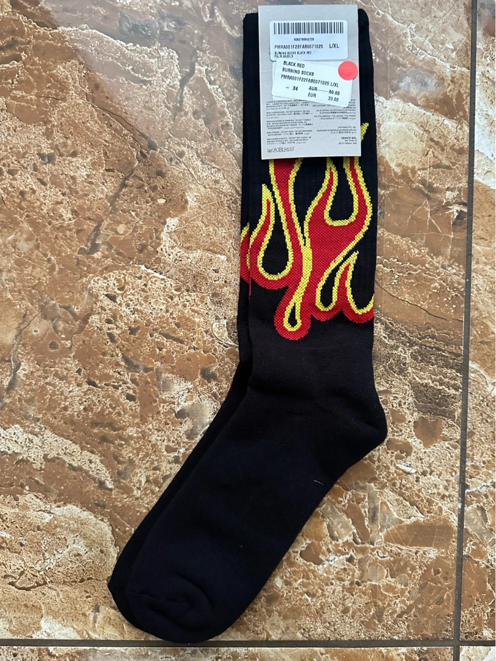 Palm Angels Black Crew Socks with Red and Yellow Flame Motif